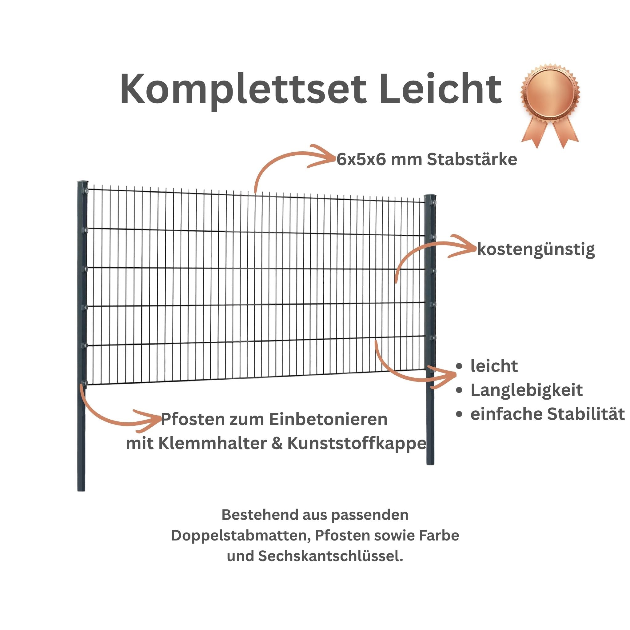 Leichtes Zaunpaket mit 6x5x6 mm Doppelstabmatten und Pfosten mit Klemmplättchen und Kunststoffkappe