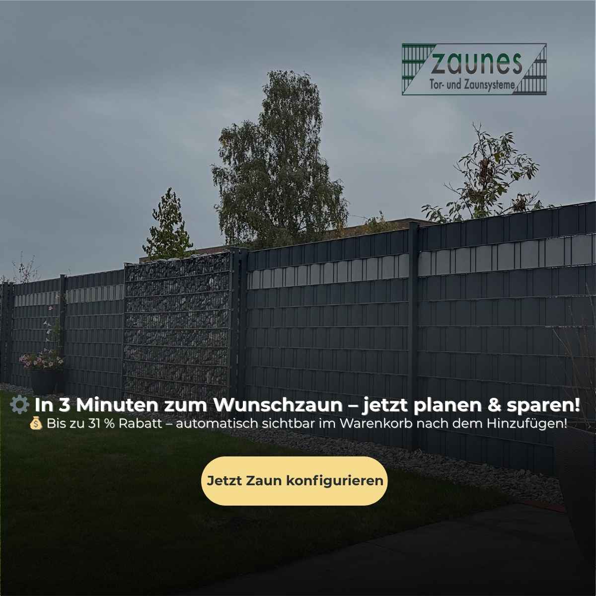 Doppelstabmattenzaun 183 cm mit Gabione und Sichtschutz