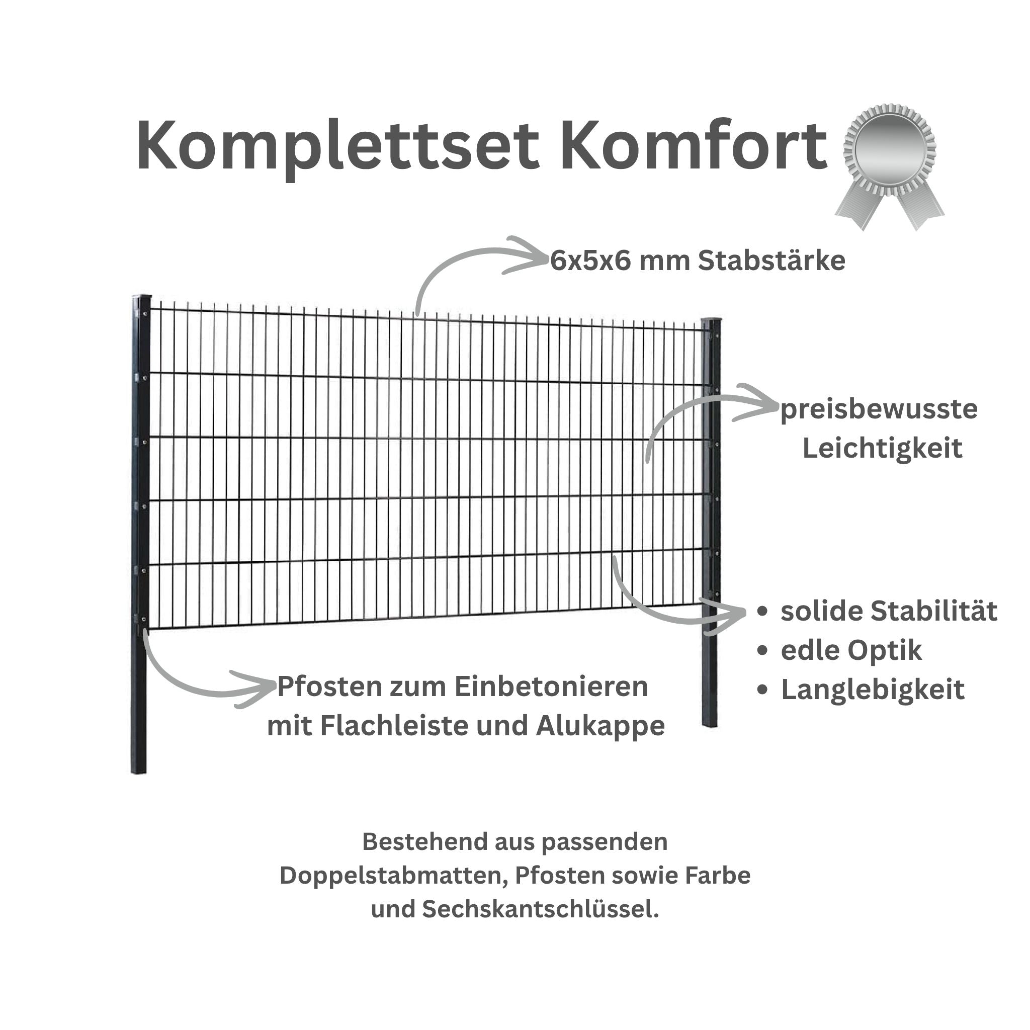 Zaunpaket Komfort mit 6x5x6 mm Doppelstabmatten und Pfosten mit Abdeckleiste und Alukappe